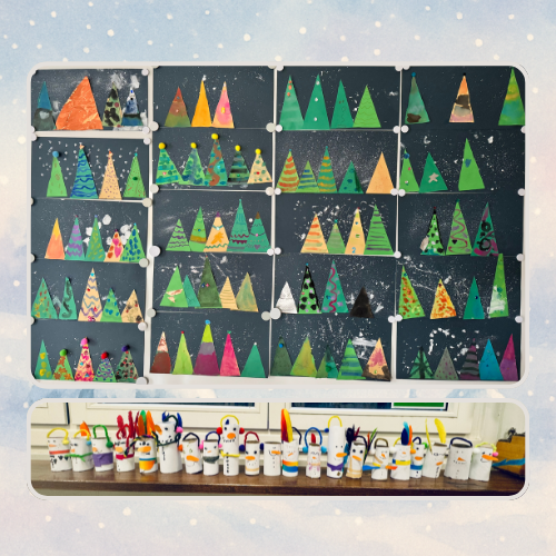 selbstgestaltete Bilder der Kinder Klasse 1 - Weihnachtsbäume und Schneemänner