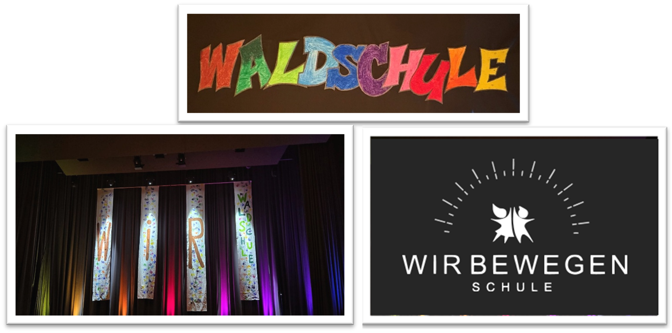 Waldschule als bunte Schrift mit Bühnenbild der Aufführung