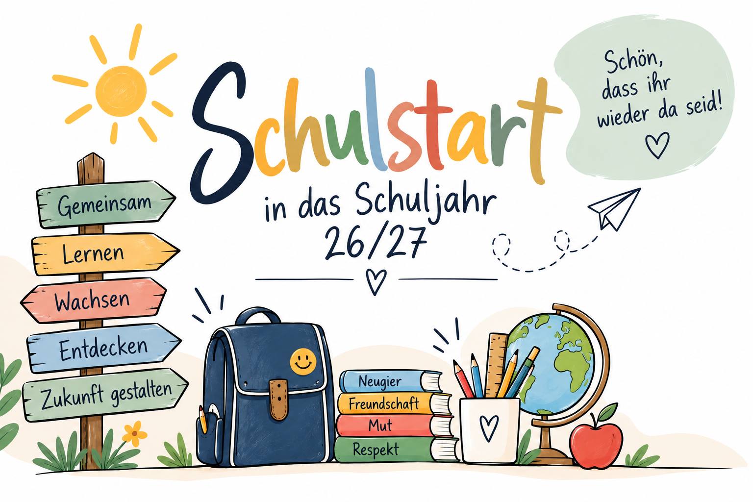Bunte Schulstart-Grafik mit Schulranzen, Büchern, Globus und Wegweisern. Willkommen zum Schuljahr 2026/27